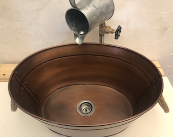 Copper Plated Oval Tub Sink, Farmhouse Style with Rope Handles