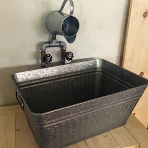 Outdoor Sink & Faucet Rectangle Galvanized Tub Sink Rustic Farmhouse Laundry SINK, DRAIN and Hot/Cold Jug FAUCET