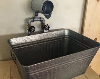 Outdoor Sink & Faucet Rectangle Galvanized Tub Sink Rustic Farmhouse Laundry SINK, DRAIN and Hot/Cold Jug FAUCET