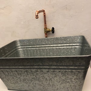 Single Temperature Tap Copper Faucet  (Unlaquered) and Rectangle Galvanized Tub Sink & Drain