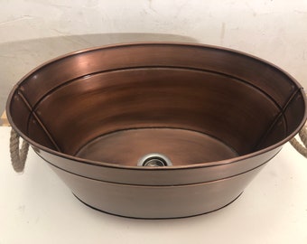 Antique Copper Plated Sink Oval Tub Farm House Sink  With Rope Handles and Drain