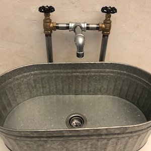 Garden Sink & Faucet Oval Galvanized Sink Tub Rustic Farmhouse Vessel SINK, DRAIN With Hot/Cold Angle Valve FAUCET (Unlaquered)