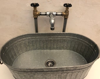 Galvanized Oval Garden Sink with Faucet, Rustic Farmhouse Tub