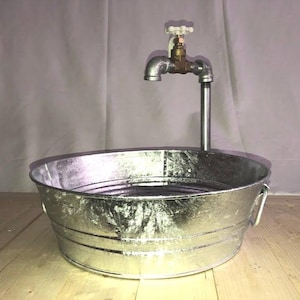 SINK, DRAIN & Single Temperature FAUCET Rustic Galvanize Sink Farmhouse Bucket Tub Wash Basin Vessel Sink (Unlaquered)