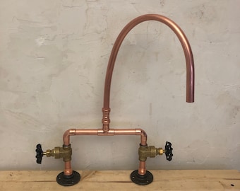 Swivel Swan Neck Copper Mixer Tap Faucet with Side Brass Valve Handles (Hand Bend Copper- no two are the same.)