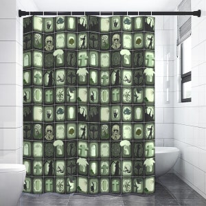 May include: A green and white shower curtain with a repeating pattern of skulls, crosses, and tombstones. The pattern is in a grid format and is set against a dark green background.