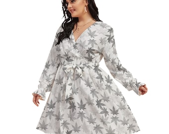 Marijuana Leaf All-Over Print Women's V-neck Dress With Waistband(Plus Size)