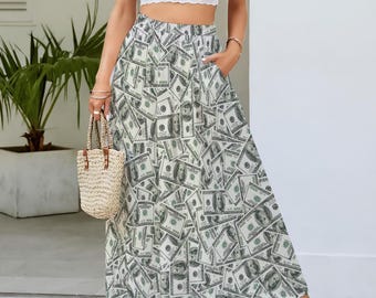 Money Maker | 100 Dollar Bills | Money Manifesting | All-Over Print Women's Maxi Chiffon Skirts With Lining