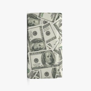 May include: A rectangular wallet covered in a pattern of hundred-dollar bills. The bills feature a portrait of Benjamin Franklin and are in shades of green, white, and black. The wallet appears to be made of a textured material.