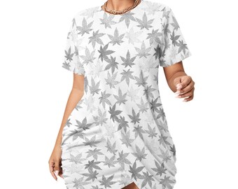 Marijuana Leaf All-Over Print Women’s Stacked Hem Dress With Short Sleeve