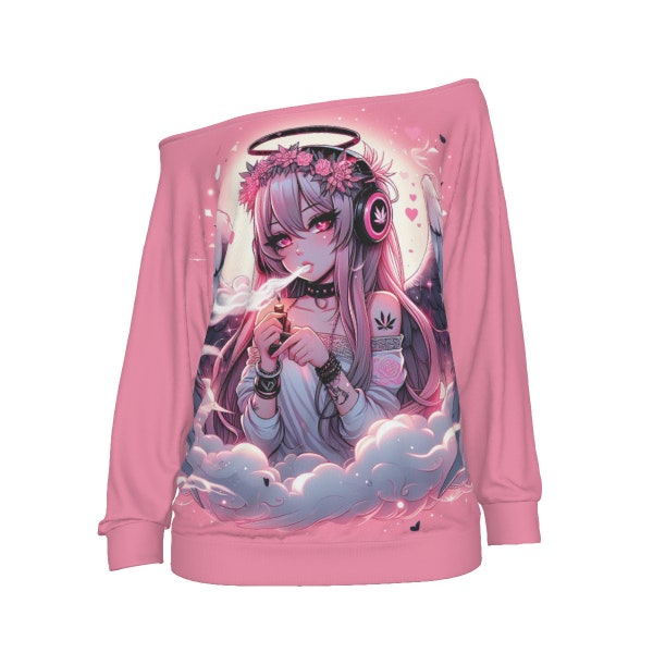 Smoking Angel | 420 Friendly | Pink Anime Style | All-Over Print Oversized Women's Off-Shoulder Sweatshirt