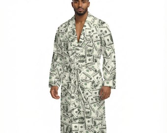 Money Maker | 100 Dollar Bills Print | Men’s Fleece-Lined Bathrobe with Belt