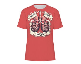 May include: Red t-shirt with a graphic of a pair of lungs with smoke and the words "Puff" and "Pass" on it.