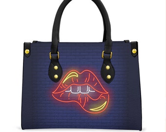 Lower Lip Bite | Lips Kiss Print | Sexy Neon Lights | Women's Tote Bag With Black Handle