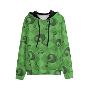 May include: Green hooded sweatshirt with a black drawstring and a repeating pattern of question marks on a green and white checkered background.
