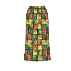 Marijuana Leaf Patchwork Print | Cannabis Leaf Checkers | Stoner Patches | Red Green & Yellow | Women's Front Mid-slit Skirt | 245GSM Cotton