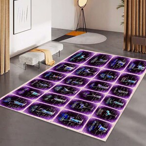 May include: A purple and white area rug featuring a pattern of cocktail glasses and recipes for various drinks. The rug has a distressed, vintage appearance.