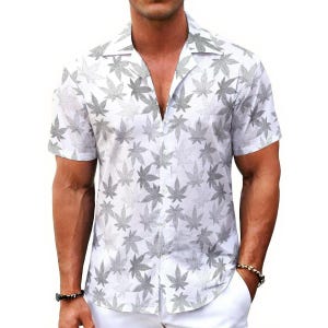 May include: White short-sleeve shirt with a gray cannabis leaf pattern. The shirt has a classic collar and a button-down front. The shirt is made of a lightweight fabric.