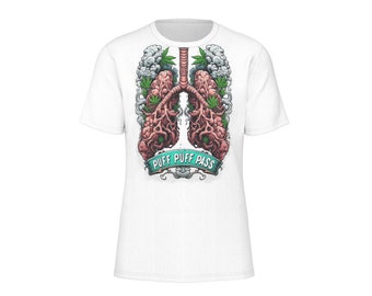 May include: White t-shirt featuring a detailed illustration of lungs with cannabis leaves and smoke. The design includes the text "PUFF PUFF PASS" on a banner. The artwork is in shades of red, green, and gray.