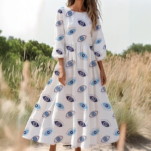 evil eye maxi dress Blue Greek Evil Eye Women's Casual Strappy V Neck Sleeveless Flowy Loose Long Maxi Beach Dress Sundress