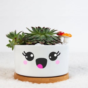 May include: White ceramic planter with a cute cartoon face, featuring black eyes, pink cheeks, and a pink open mouth. The planter is filled with green succulents and a small red and orange mushroom figurine.