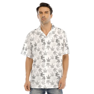 Marijuana Weed Leaf Print (Silver Gray) | Cannabis Hemp Dope | Sativa Indica Stoner Print | Men's Hawaiian Shirt With Button Closure
