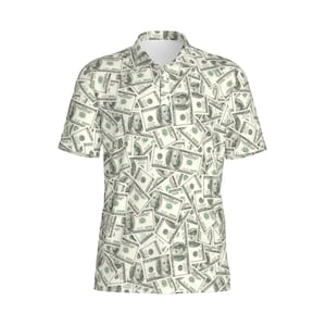 May include: A white short-sleeved polo shirt with a pattern of repeated images of US $100 bills. The bills are arranged in a random pattern and feature the portrait of Benjamin Franklin.