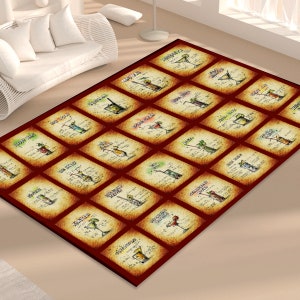 May include: A red and brown rectangular rug with a grid pattern featuring 25 different cocktail illustrations. Each square has a different cocktail name and a hand-drawn illustration of the drink.