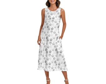 Marijuana Leaf All-Over Print | In 3 Different Colors | Women's Sleeveless Dress With Diagonal Pocket