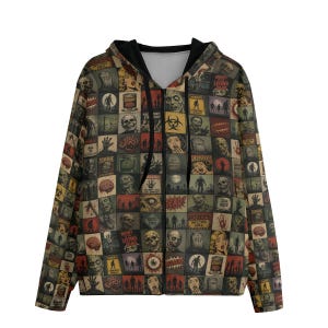 May include: A zip-up hoodie with a repeating pattern of vintage zombie-themed illustrations. The design features images of zombies, skulls, and warning signs in a grid-like arrangement. The hoodie has a black interior and a drawstring hood.