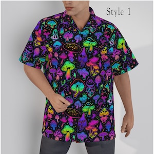 May include: A black short-sleeved button-up shirt with a psychedelic print of colorful mushrooms on a black background. The text "Style 1" is visible in the top right corner of the image.