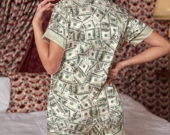 Money Maker | 100 Dollar Bills | Money Manifesting | All-Over Print Women's Imitation Silk Pajama Set With Short Sleeve