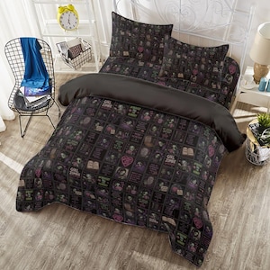 May include: A black and gray bedding set with a repeating pattern of zombie-themed illustrations. The set includes a comforter and pillowcases. The comforter has a dark gray reverse side. A yellow alarm clock and a white metal bed frame are also visible.