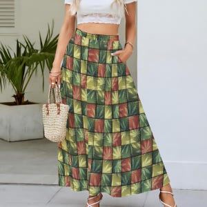 Marijuana Leaf Patchwork Print | Cannabis Leaf Checkers | Stoner Patches | Weed Hemp Dope | Women's Maxi Skirts With Lining