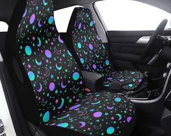 Moon & Stars | Psychedelic Space Print | Universal Car Seat Covers | Floor Mats | Steering Wheel Cover
