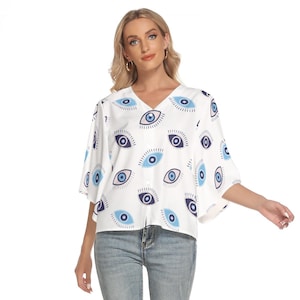 All Eyes On Me | Evil Eye of Protection | 4 Color Options | All-Over Print Women's Bat Sleeve Light V-neck Front Buttoned Top