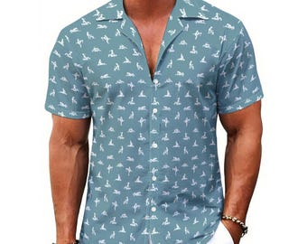 Hers & His Matching Set | Sex Positions Inception Blue | Women's Spaghetti Strap Dress | Men's Hawaiian Button Up