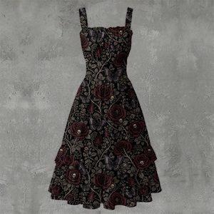 May include: A black midi dress featuring a repeating pattern of dark red roses, butterflies, and small skulls on a vine-like background. The dress has a square neckline, thick shoulder straps, and a tiered skirt with a ruffled hemline.