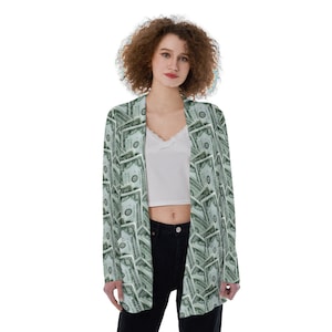 May include: A long-sleeved cardigan featuring a green and white pattern of US dollar bills. The cardigan is open at the front and has a relaxed fit.