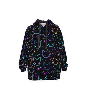 May include: Black hooded sweatshirt with a repeating pattern of neon-coloured cat faces. The cat faces are outlined in blue, green, yellow, and purple, with star accents. The sweatshirt has a drawstring hood and long sleeves.