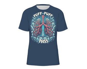 May include: A navy blue t-shirt with a graphic of a pair of lungs with trees growing out of them. The text "Puff Puff Pass" is printed on the shirt.