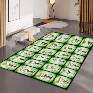 May include: Green and white area rug with a grid pattern featuring illustrations of different cocktails and their names.