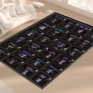 May include: Black and white rug with a grid pattern featuring 25 different cocktail recipes with illustrations of each drink. The recipes are written in white text and the drinks are illustrated in blue and purple.