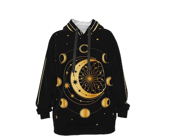 May include: Black hoodie with a gold crescent moon and stars design. The moon is surrounded by a circle of smaller moons and stars.