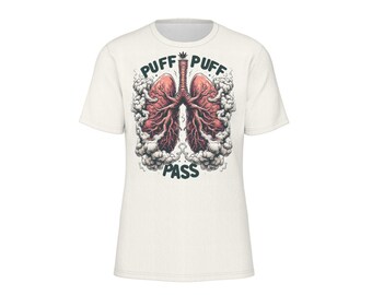 May include: White t-shirt with a graphic of a pair of lungs with smoke coming out of them. The text "Puff Puff Pass" is printed below the lungs.