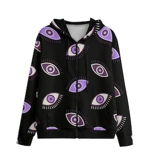 Eye of Protection Pattern | Big Violet Eyes All-Over Print |  Zip Up Hoodie With Pocket | Interlock