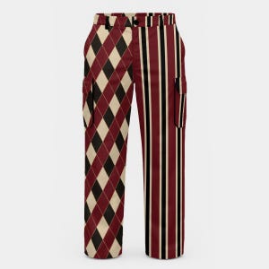 May include: Cargo pants featuring a split design with a burgundy, black, and cream argyle pattern on the left leg and vertical stripes in the same color palette on the right leg, including side cargo pockets and a waistband with belt loops.