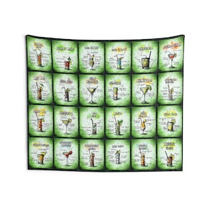 May include: A green and white illustrated tapestry featuring 20 different cocktail recipes. Each recipe includes the name of the cocktail, a list of ingredients, and a small illustration of the drink.