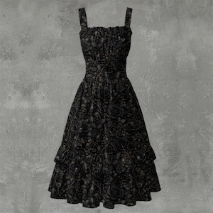 May include: A black sleeveless dress featuring a square neckline and a fitted bodice with a gathered waist. The fabric is adorned with an intricate pattern of dark roses, thorny vines, and small skulls. The skirt has a tiered, flared silhouette.