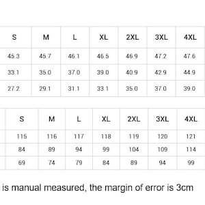 May include: A size guide chart with black text on a white background. It displays measurements in inches and centimeters for sizes S through 6XL, including length, bust, and waist. The text states the size chart is manual measured, the margin of error is 3cm.